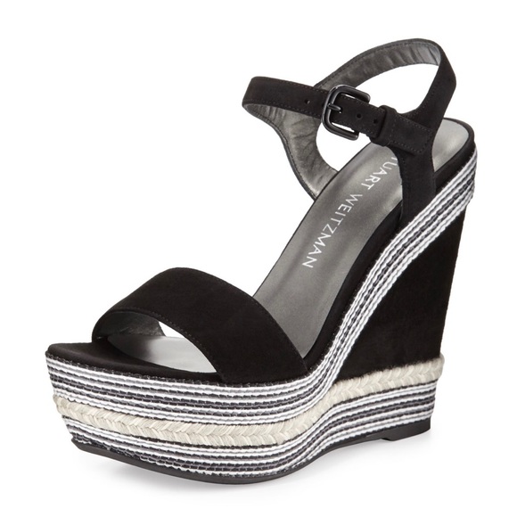 Stuart Weitzman Single Embellished Suede Wedge Sandals, Black